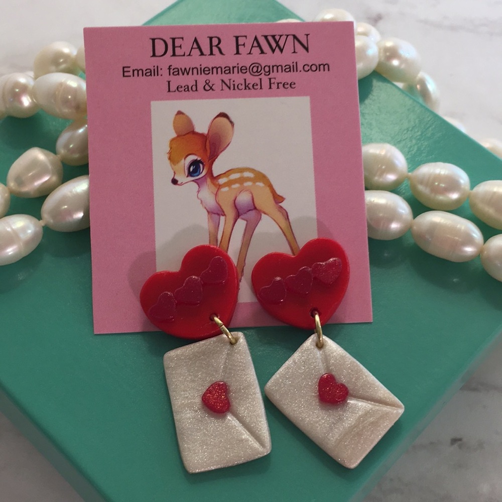New Love Letter Red & Pink Glitter Sweetheart Clay earrings Gold